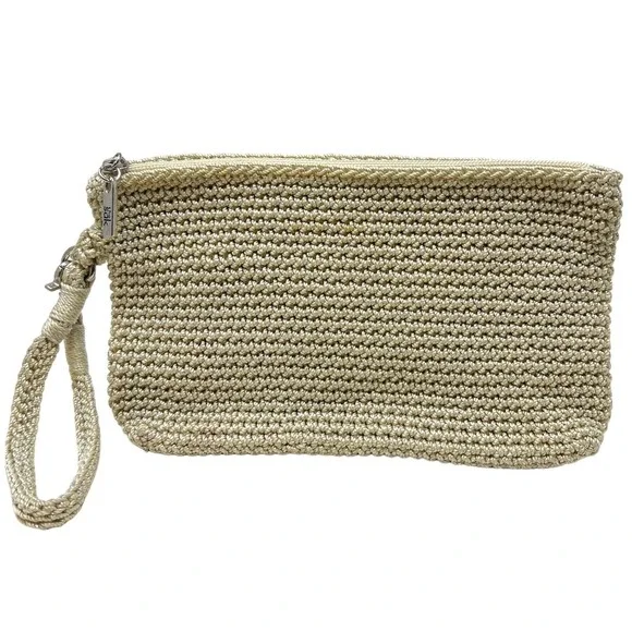 The Sak Crochet Wristlet Womens OS Champagne Gold‎ Excellent Metallic Iris Pouch