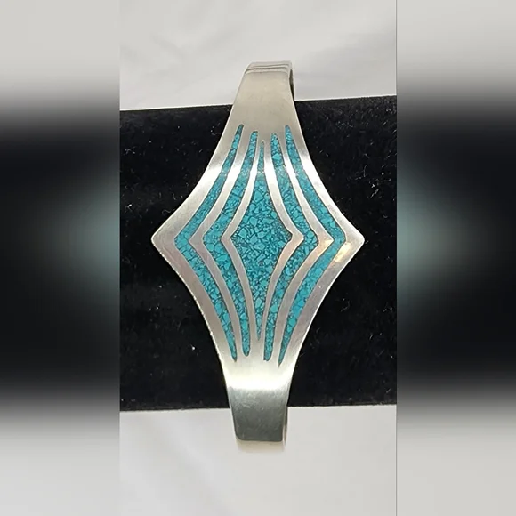 Vintage Sterling Silver Taxco Cuff Bracelet with turquoise inlay.