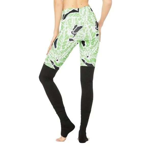 Alo Yoga High-Waist Goddess Leggings Green Palm Print Black Ribbed SMALL