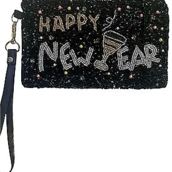 Stunning Designer Beaded 'Happy New Year' Black Wristlet Clutch