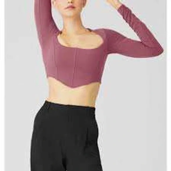 Alo Yoga Womens Corset‎ Long Sleeve Crop Top Pink Square Neck Shelf Bra Small