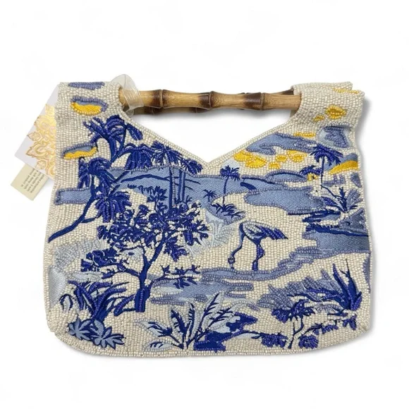 Chinoiserie Blue White Heron Bird Landscape Beaded Wooden Bamboo Clutch India