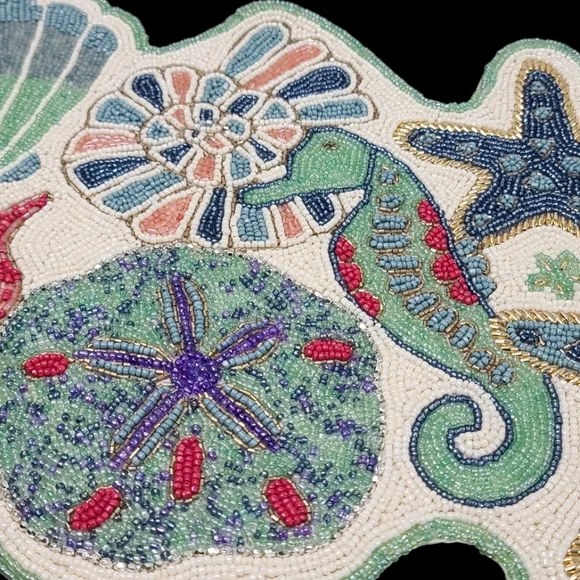 Beaded Seahorse Starfish Seashell Coral Tablerunner Decor Coastal Ocean Beach