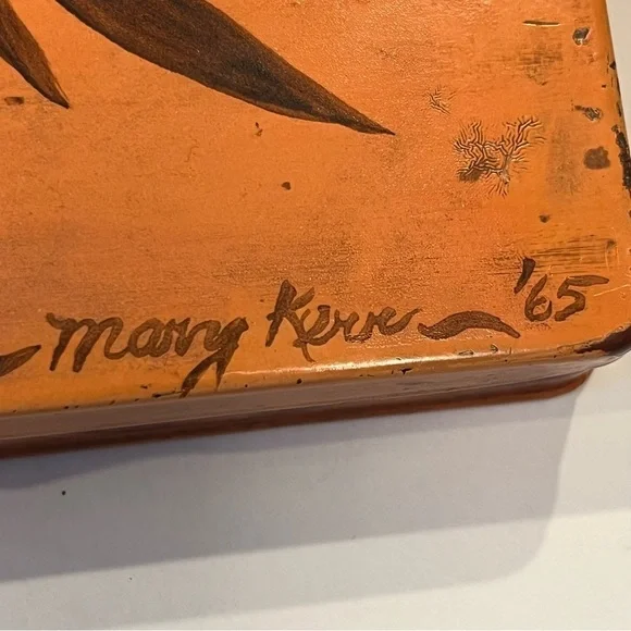 Vintage Trinket Box Hinged Lid Hand Painted Bird Signed 1965 Peach Yellow Green