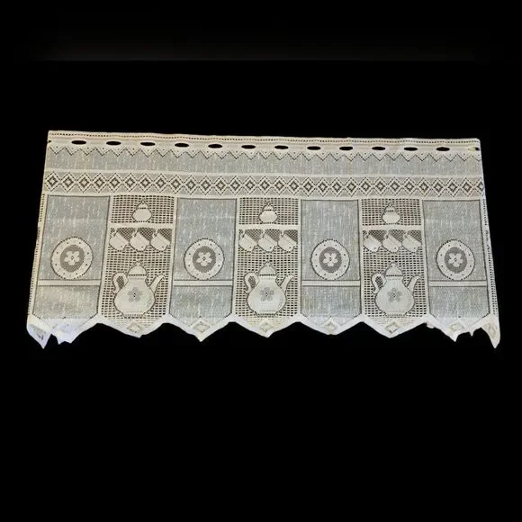 Vintage french jacquard white lace table runner w/coffee pot and cup design