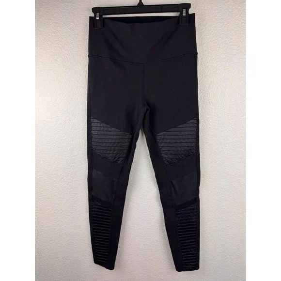 Alo Moto Leggings Women S Black Stretch Moto Ribbed Panels Athleisure Minimalist