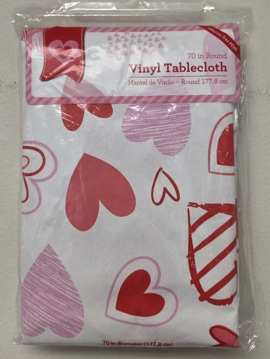 Valentines Day Heart Toss Vinyl Tablecloth Red Pink Hearts 70 inch Round