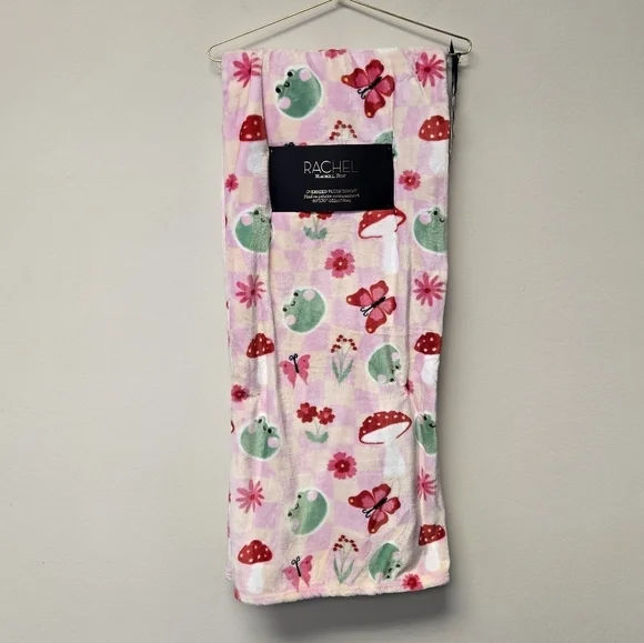 Rachel Roy Frog Mushroom Oversized Plush Throw Blanket Pink Green