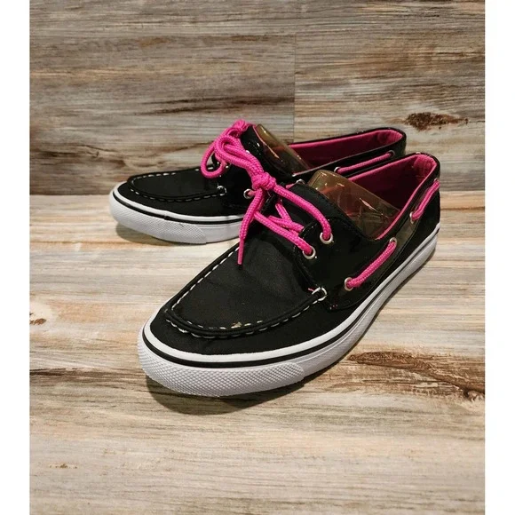Bluefin Scuttle Mens 7.5 Boat Shoes Black Pink Canvas Patent‎ Trim Deck Shoes