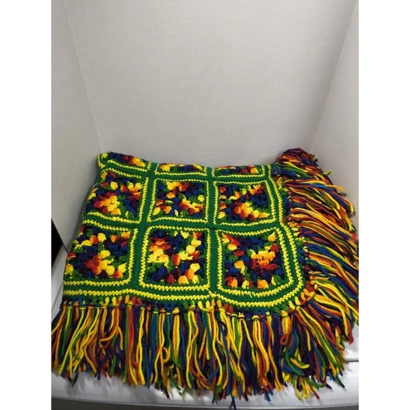 Handmade Granny Square Afghan Crochet Throw Blanket Fringe 3x5‎ Green Red Yellow