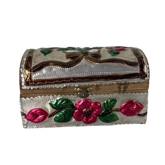 Vintage Pressed Tin Wooden Latched Trinket Chest Box, Floral Metallic Colorful