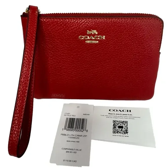 💖 #230 Coach NWT Red Pebbled Leather Corner Zip Wristlet