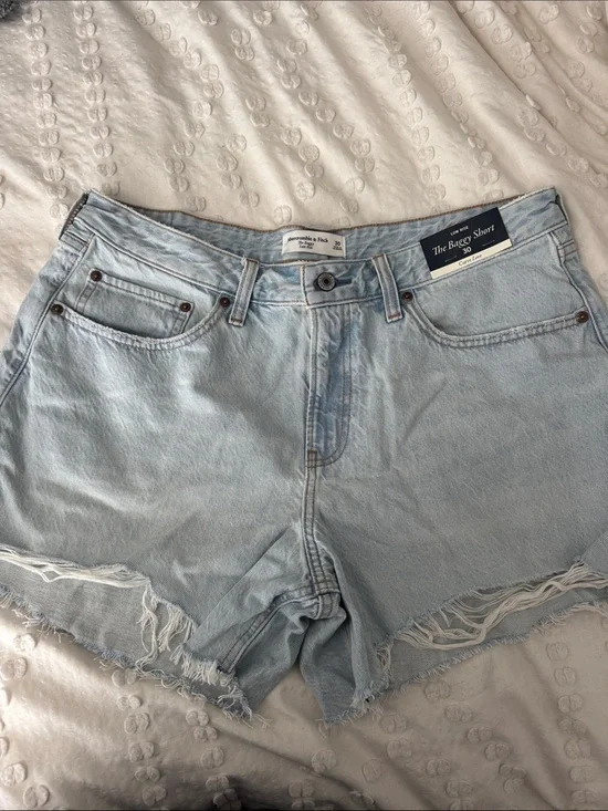 Abercrombie & Fitch Light Blue Distressed Baggy Denim Shorts