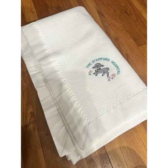 Vintage Stamford Hospital Satin Acrylic White Baby Blanket Embroidered Lamb CT
