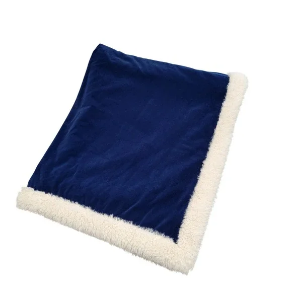 PBteen Pottery Barn Throw Blanket Navy Blue 60 x 47 Cotton Sherpa Faux Fur Trim