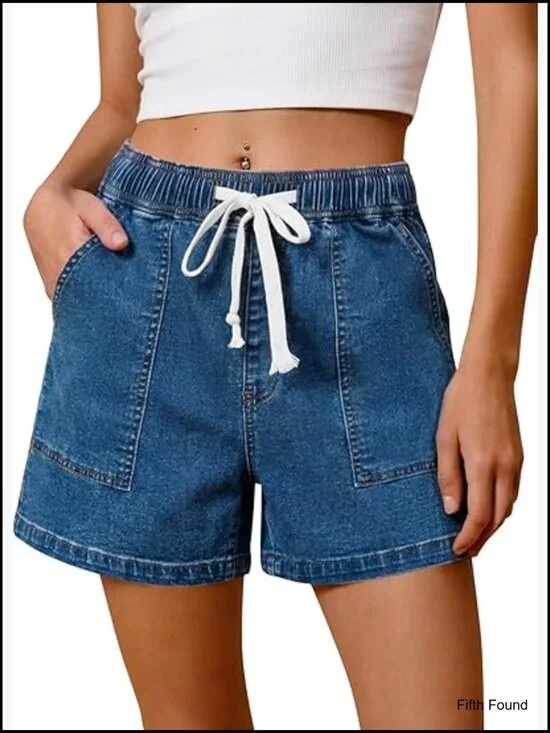 Baggy High Waisted Denim Shorts with Drawstring - Wide Leg Jorts