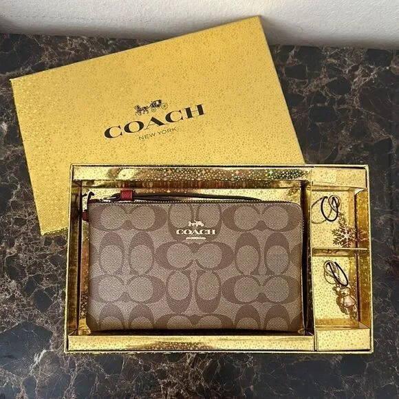 New Coach Signature Large Wristlet with Charms in a Gift Box