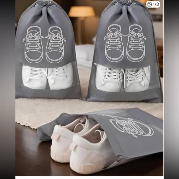 SHOE TRAVEL BAGS Set of 2 Gray  Drawstring Closure Great for Travel.