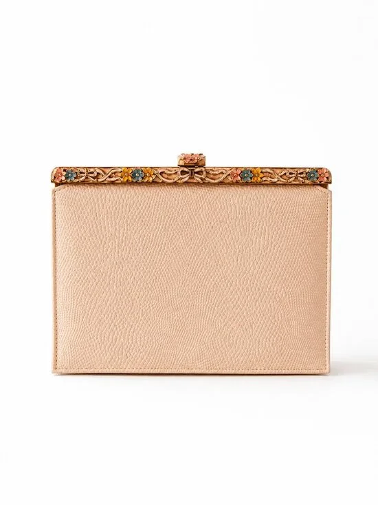 Vintage Ivory Reptile Embossed Evening Bag Floral Enamel Frame Clutch Purse Hand