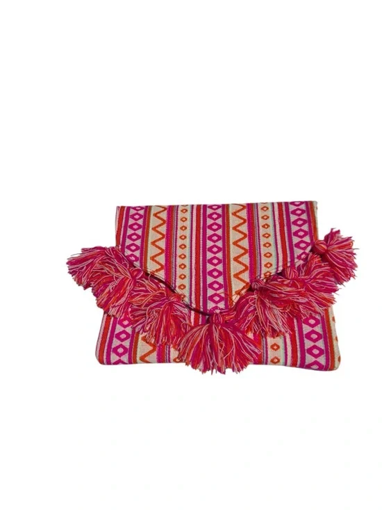 Mud Pie Woven Envelope Clutch Boho Festival NWT Pink Orange Geometric Tassel