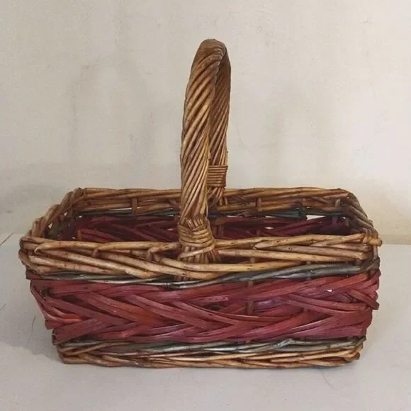 Vintage Brown Red Large Rustic Rectangle Harvest Woven Wicker Basket