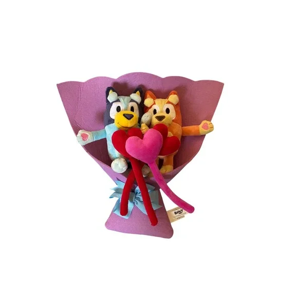 Bluey and‎ Bingo Plush Bouquet Valentine Heart Gift Heeler Sisters Purple Felt