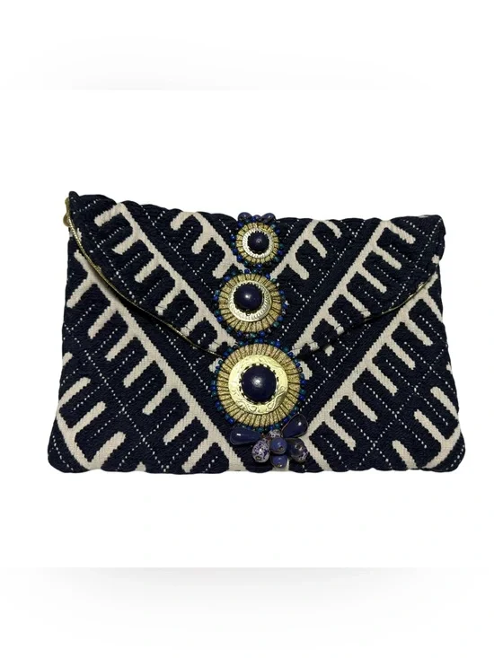 Steve Madden Embellished Woven Blue & Cream Boho Envelope Clutch 100% cotton