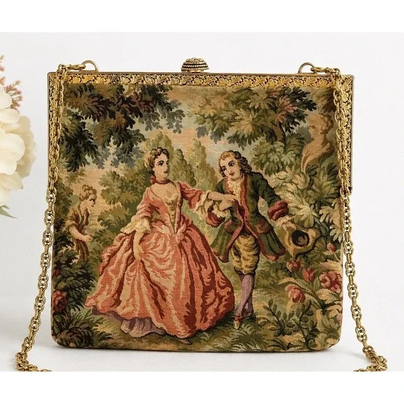 Vintage Delill Tapestry Frame Kisslock Clutch Bag Chain Strap French Rococo 50s