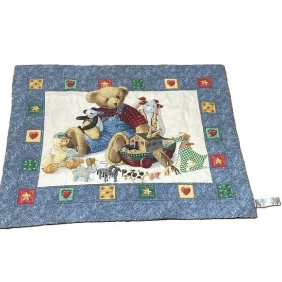 BLUE JEAN TEDDY Noahs Ark Pattern Baby Crib Blanket Comforter 43 x 35 inches