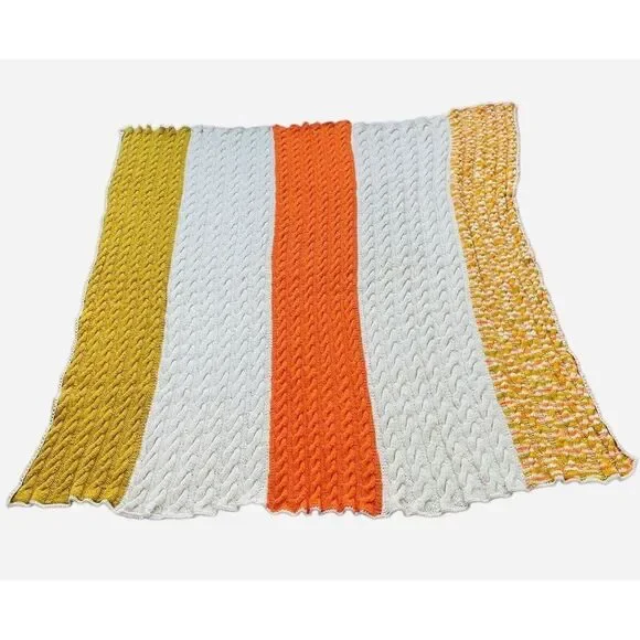 Vintage 1970s Cable Knit Handmade Afghan Throw Blanket Orange Cream Gold 67