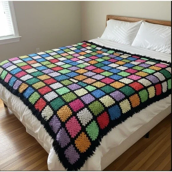 Crochet Granny Square Blanket Boho Multicolor Fringe Throw 100