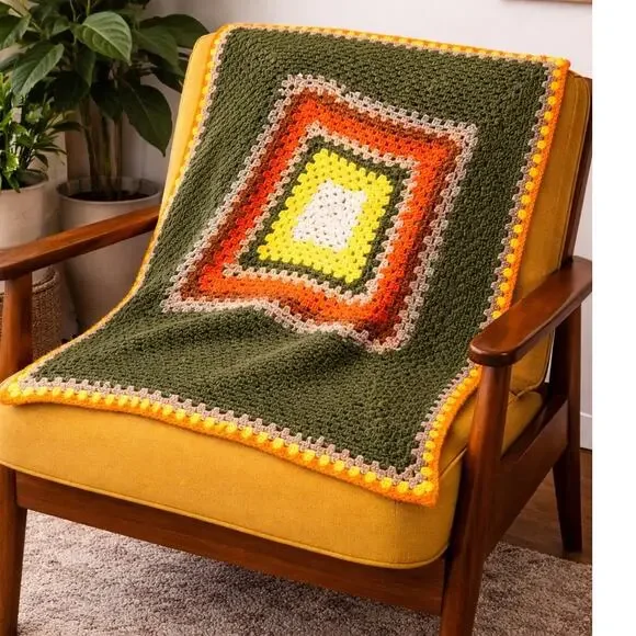 Vintage MidCentury Crochet Small Throw Blanket Granny Square Olive Green Orange