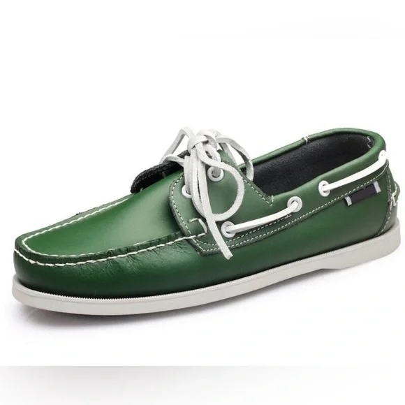 Sebago Green Leather Docksides Portland Loafers with White Laces