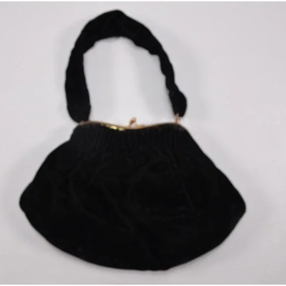 Vtg Claire Black Velvet Evening Bag Beggars Purse Kiss Lock Goldtone Hardware‎