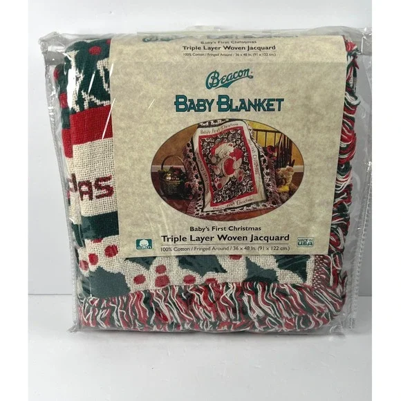 Beacon Baby Blanket 36x48 Red Green NEW First Christmas Woven Jacquard Throw