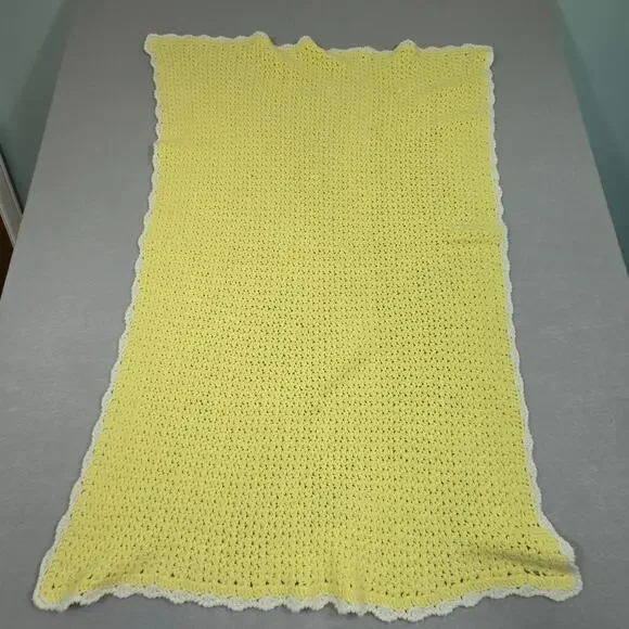 Crochet Baby Blanket Afghan Yellow with White Border Measures Approx 31x44