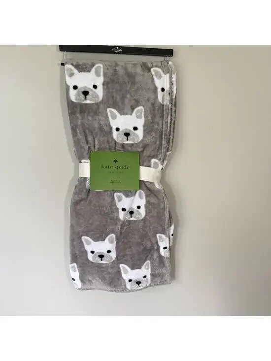 Kate Spade Plush Fleece Throw Blanket Gray French Bulldog Prints 60” X 70” New