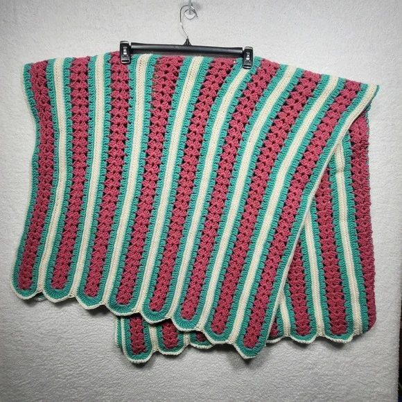 Handmade Crochet Blanket Scalloped Stripe Floral Pattern Pink Teal Cream 60x60