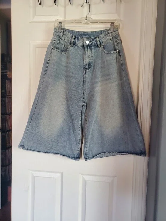Baggy Light Wash Denim Culotte Shorts High-rise Relaxed Fit Women's Medium