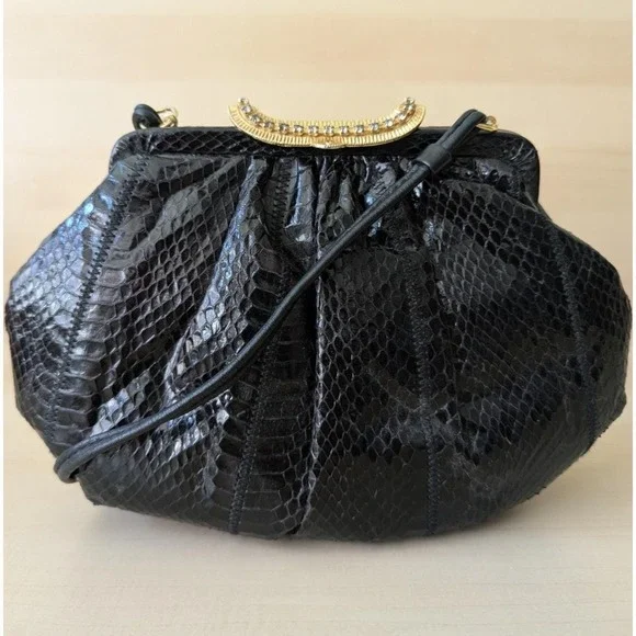 Vintage Black Snakeskin Leather Soft Shoulder Clutch