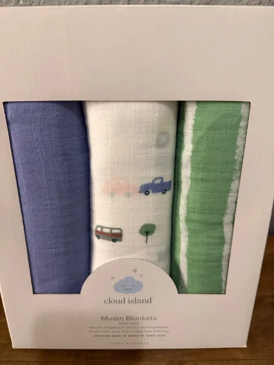 cloud island Baby Muslin Blanket Set - Blue, White, Green Cars 3 pack NEW