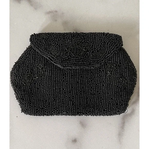 Antique Beaded Purse Clutch Black Beads Finger Loop on the Back Snap Closure