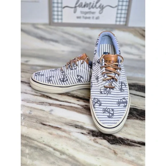 Sperry Top-Sider Bahama Mens 9M Blue White Striped Anchor Boat Shoe Sneakers