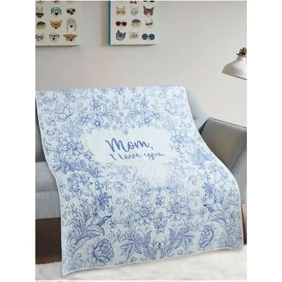 Mother's Day Quilted Throw Blanket Blue White Printed Lap Cover
