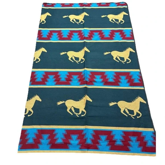 Wool Running Horses Native Style Blanket Teal Gold Reversible Casino Exclu 90x92