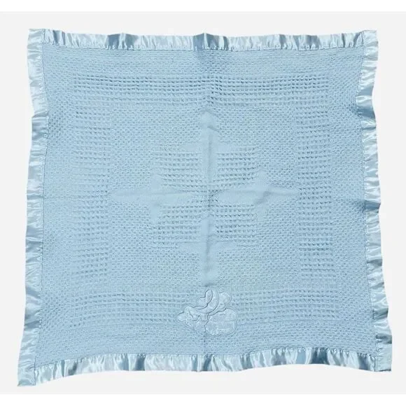 Kidgets Blue Waffle Weave Satin Edge Bless This Baby Blanket 28x29 Thermal Throw