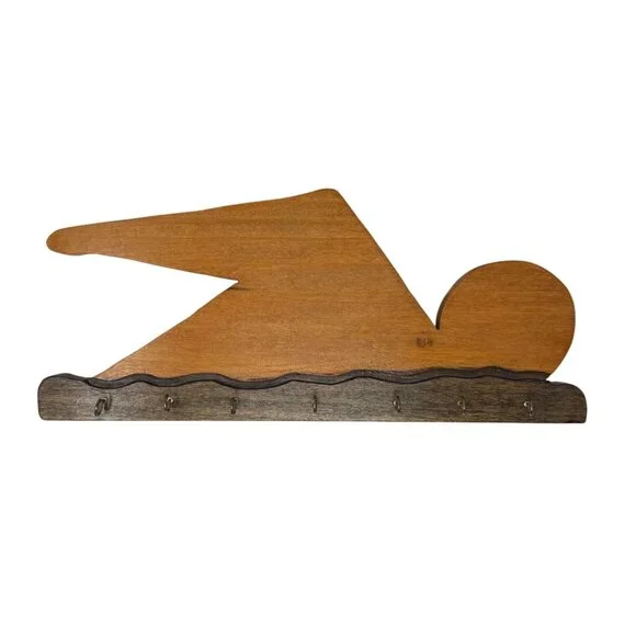 Vtg Wood Wall Hanging Key Holder Maximalist Décor Swimmer Swimming 17