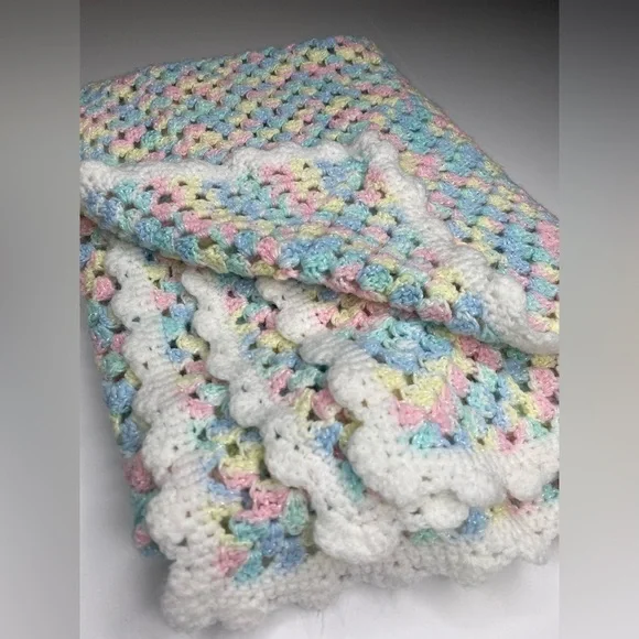 Crocheted Homemade Baby Blanket Pink, Yellow, Green, Blue and White 36x26