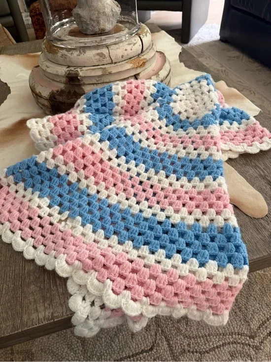 Handmade Crochet Granny Square Blanket - Pink, Blue & White