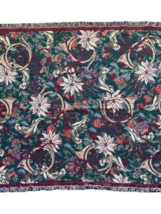 Goodwin Weavers Holiday Poinsettia Horns Throw Blanket Tapestry Green Red 45x62”